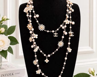 Vintage Chanel Gold Tone Camellia & Daisy Super Long Pearl Necklace CC Charm Statement Necklace
