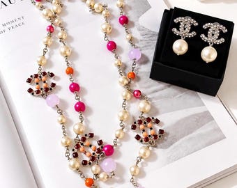 Vintage Chanel Multicolor Pink Purple Pearl CC Long Necklace & Crystal CC Pearl Drop Earrings Set. Ststement