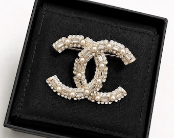 Vintage Chanel Gold-Tone Pearl & Crystal CC Brooch Statement Pin