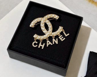 Vintage Chanel Gold-Tone Pearl CC Logo Brooch with Dangling Letter Charms