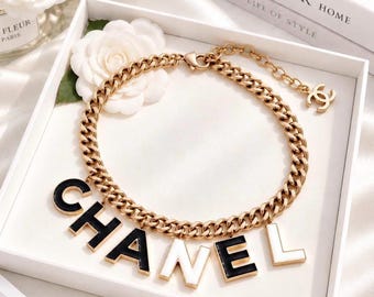 Vintage Chanel Gold Tone Chain Necklace Black & White Enamel Letter Charm Statement Necklace