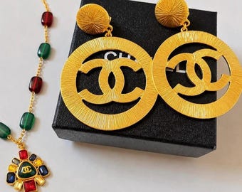 Vintage Chanel Gold Tone Oversized CC Logo Earrings. Statement Piece