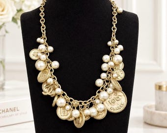 Vintage Chanel Gold Tone Coin Charm Pearl Statement Necklace CC Chunky Chain