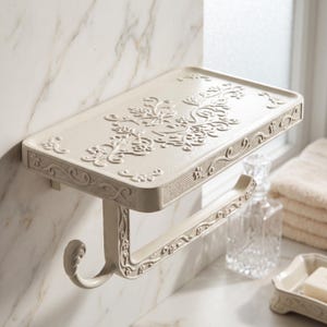Könnte beinhalten: Ein cremefarbenes Wandregal für das Badezimmer mit integriertem Toilettenpapierhalter. Das rechteckige Regal verfügt über ein geprägtes Blumenmuster auf der Oberseite sowie dekorative Schnörkel an den Kanten und dem geschwungenen Haltearm.