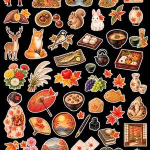 May include: A collection of autumn-themed stickers featuring Japanese motifs including maple leaves, a torii gate, a pagoda, a fox, a deer, a rabbit, a cat, food items, a person in a kimono, a red umbrella, a folding fan, and calligraphy text.