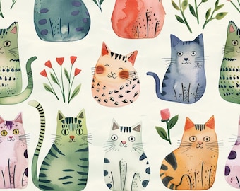 Schattige kattenstof, zachte aquarel kittenstof, veelkleurige kittenstof, rode wilde bloemenstof, dierenstof, 100% katoen, halve meter
