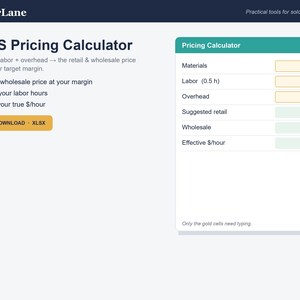 Peut inclure: Une interface de feuille de calcul COGS Pricing Calculator par LedgerLane. La mise en page comprend un en-tête sarcelle, des champs de saisie pour les matériaux, la main-d'œuvre et les frais généraux, ainsi que des résultats calculés.