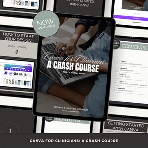 Może przedstawiać: Cyfrowy przewodnik po kursie zatytułowany Canva for Clinicians: A Crash Course, z prawami do odsprzedaży MRR i PLR. Okładka przedstawia laptopa, tekst Now Available oraz stronę www.thefoliostudio.com, w otoczeniu wielu slajdów podglądu.