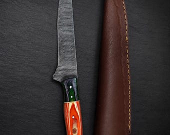 Handmade Damascus Fillet Knife with Leather Sheath – Custom Wood Handle, Hunting & Fishing Knife, Gift for Him