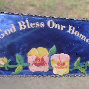 Deco cobalt blue MIRROR with &quot;God Bless Our Home&quot; painting