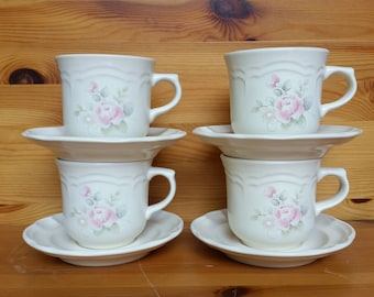 Xícaras de chá ou canecas de café com pires Pfaltzgraff Tea Rose, estilo vintage antigo.