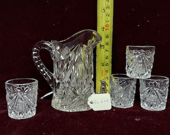 Toy glass EAPG water pitcher and glasses tumblers set OLD Flint glass