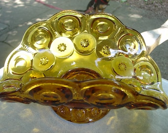 Centro de mesa em forma de banana, vidro âmbar topázio, lua e estrelas, estilo MCM, da Smith Glass.