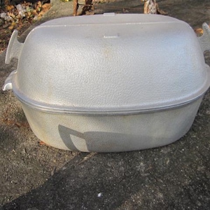 May include: A silver-colored, oval-shaped outdoor cooking pot with a textured surface and a matching lid. The pot has two handles on the sides and a handle on the lid. The pot is sitting on a concrete surface.