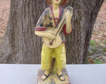 Chalk statue Asian man playing Ruan or yueqin guitar LAMP BASE