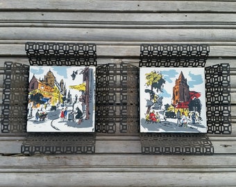 Post Impressionist French Paris street scene ceramic tiles mid century