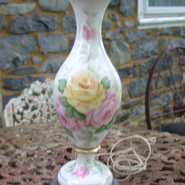 Roses porcelain table lamp mid century 18 inches