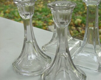 Flourish Detail Clear Pressed Glass EAPG Vintage Candle Holder Pair Taper Candlestick Holder 8 1/4'' 2 Pieces