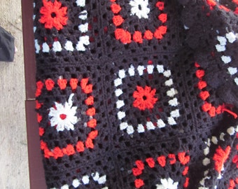 Afgan Red, black n white  hand crocheted coverlet