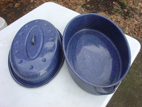 blue speckled enamel roasting pan