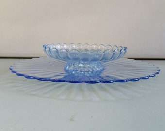 Ice blue Imperial glass pillar flute large charger and pedestal dip dish