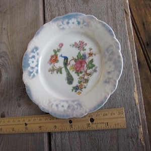 May include: A white porcelain plate with a blue scalloped edge and a floral and peacock design in the center. The plate is approximately 8 inches in diameter. The plate is on a wooden surface.