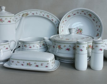 Conjunto de servir porcelana Abingdon, louça de jantar com estampa de rosas.