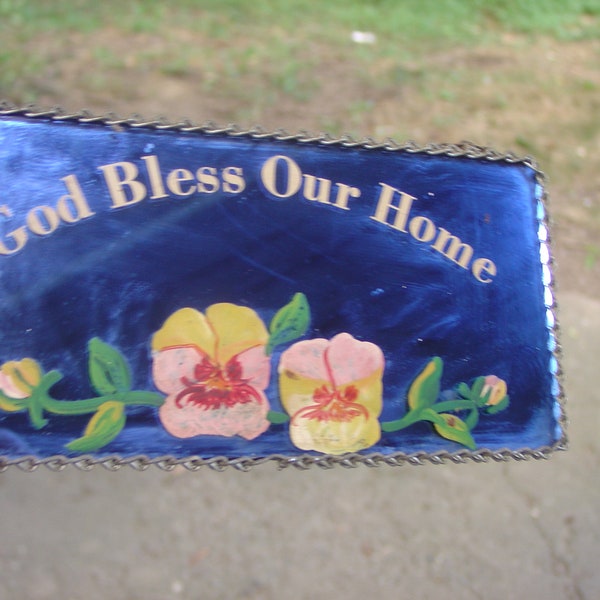 Deco cobalt blue MIRROR with "God Bless Our Home" painting