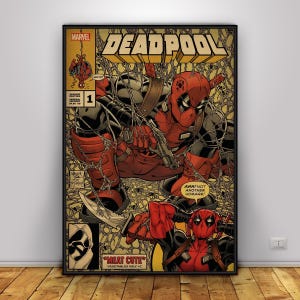 Może przedstawiać: Oprawiony plakat z okładką komiksu przedstawiający Deadpoola w czerwono-czarnym kostiumie, trzymającego pistolet i nóż. Tło stanowi żółty wzór pajęczyny z czarnymi pająkami. Tekst zawiera napisy DEADPOOL, VARIANT EDITION 1 oraz MEAT CUTE.