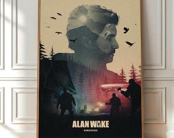 May include: A framed poster featuring a double exposure illustration of a man's profile overlaid with a forest scene. The artwork depicts silhouettes of figures, a car, and birds against a beige background with the text ALAN WAKE REMASTERED.