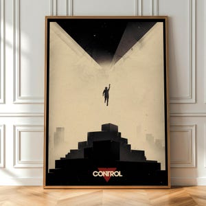 Poster zum Spiel Control, Wandbild mit Jesse Faden, brutalistischer Science-Fiction-Druck
