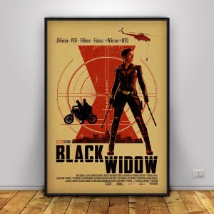 May include: A Black Widow movie poster featuring a central figure in a black tactical suit standing before a large red crosshair graphic. The design includes a motorcycle silhouette, a helicopter, and the text Black Widow in bold black letters.