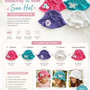 4-in-1 haakpatroon voor babymutsjes in verschillende maten, inclusief patroon voor een bloemenzonnehoedje met handleiding en instructies voor alle maten (digitale download).