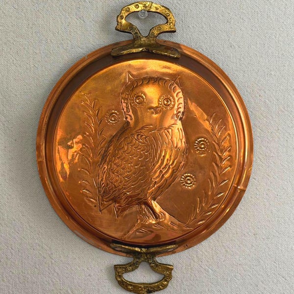 Copper Owl Mold with Brass Handles – Vintage Kitchen Wall Decor – Folk Art Style – 7 Inch
