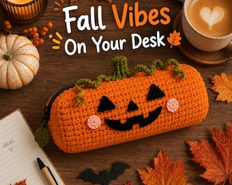 Häkelanleitung für ein Federmäppchen (PDF) | Kürbis-Reißverschlussetui (Amigurumi) | Halloween-Schreibtischdeko