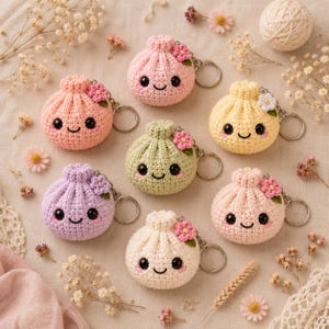 May include: A collection of seven round, crocheted keychains in pastel colors including pink, yellow, green, lavender, and cream. Each keychain features a smiling face with black eyes, a small embroidered mouth, and a tiny crocheted flower.