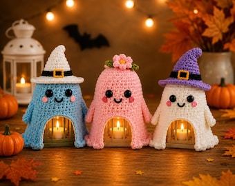 Häkelanleitung für Geisterlaternen-Überzüge (PDF) | 3er-Set Halloween-Teelicht-Überzüge | Amigurumi-Geisterdeko