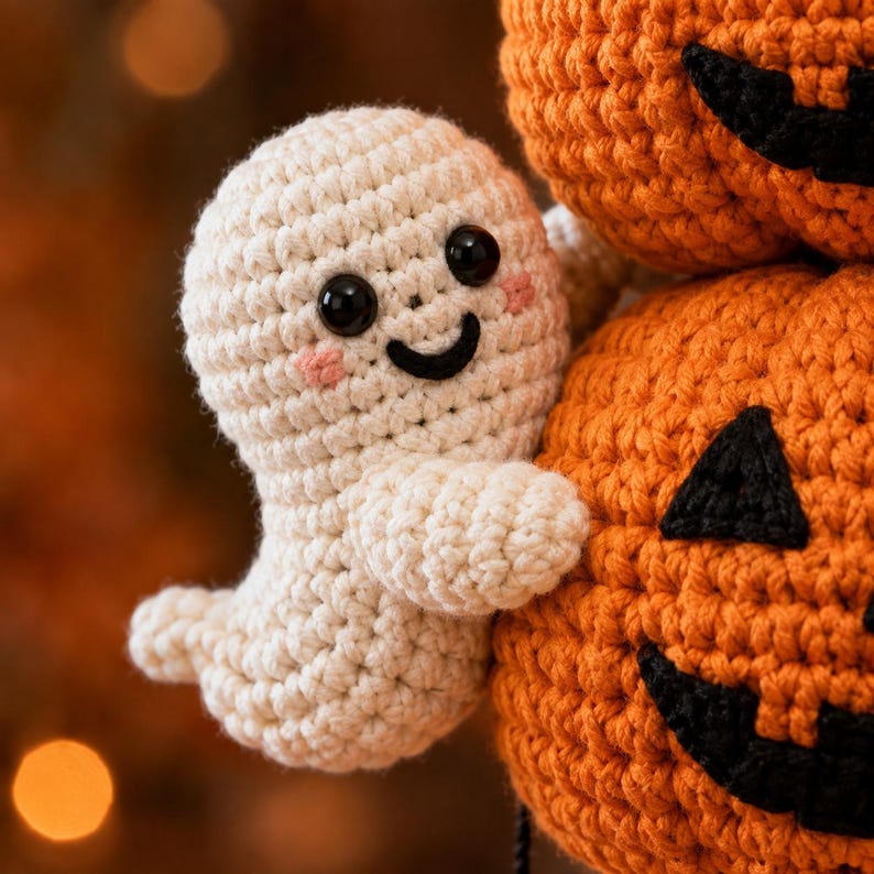 May include: A cream-colored crocheted ghost figure with black bead eyes and a stitched smile, featuring small pink blush marks on its cheeks. The ghost is positioned next to a bright orange crocheted pumpkin with black stitched facial features.