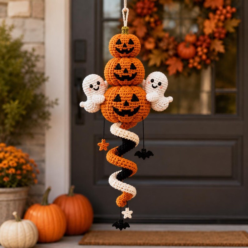 May include: A hanging crochet decoration featuring three stacked orange jack-o'-lanterns with black stitched faces, flanked by two small white ghosts. Below, a spiral tail in orange, black, and white hangs with small star and bat accents.