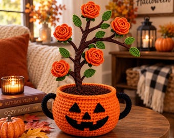 Häkelanleitung für einen Halloween-Rosenbaum (PDF) | Kürbis-Topf | Amigurumi-Blumendeko | Herbstdeko-Tutorial