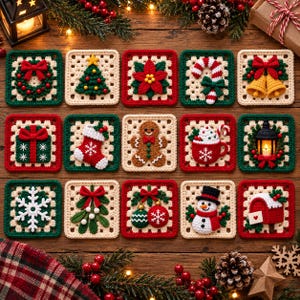 Può includere: Una collezione di quindici sottobicchieri quadrati all'uncinetto con vari motivi natalizi, tra cui una ghirlanda, un albero, una stella di Natale, un bastoncino di zucchero, campane, un regalo, una calza, un omino di pan di zenzero, una tazza di cacao, una lanterna, un fiocco di neve, vischio, palline, un pupazzo di neve e una cassetta delle lettere.