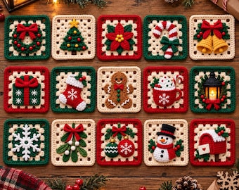Weihnachtliches Häkelmuster-Set „Oma Quadrat“ | Festliche Decke, Tragetasche | Kissenmuster (digitale PDF-Datei) | Dekoration für fortgeschrittene Anfänger