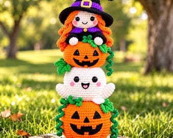 Halloween-Häkelmuster, Hexen-Geist-Kürbis-Stapel Amigurumi PDF