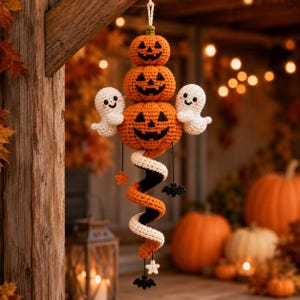 May include: A hanging crochet decoration featuring three stacked orange jack-o'-lanterns with black stitched faces, flanked by two small white ghosts. Below, a spiral tail in orange, black, and white hangs with small star and bat accents.