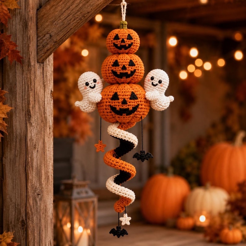May include: A hanging crochet decoration featuring three stacked orange jack-o'-lanterns with black stitched faces, flanked by two small white ghosts. Below, a spiral tail in orange, black, and white hangs with small star and bat accents.