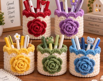 Häkelanleitung für einen Stiftehalter in Korbform (PDF), runder Aufbewahrungskorb mit Rosenapplikation am Rand, Pflanzgefäß, Geschenk für Amigurumi-Anfänger