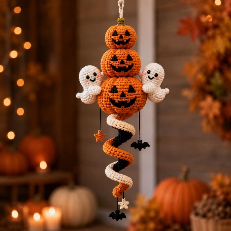 Crochet Halloween Wind Spinner Pattern, Ghost Pumpkin Amigurumi PDF