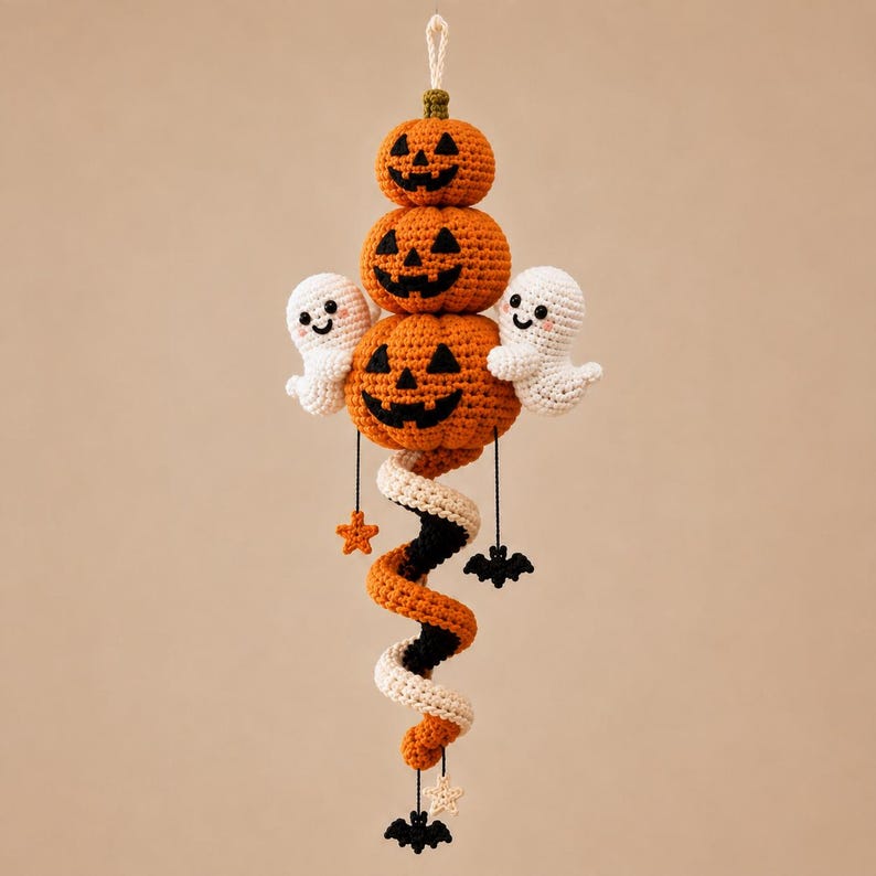 May include: A hanging crochet decoration featuring three stacked orange pumpkins with black stitched faces, flanked by two small white ghosts. Below the pumpkins is a spiral tail in orange, black, and white, accented with small black bats and stars.