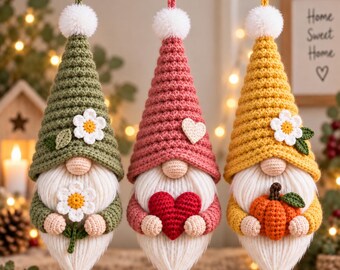 Crochet Gnome Ornament Pattern PDF, Fall Gnome Amigurumi Trio Set, Heart Pumpkin Autumn Decor