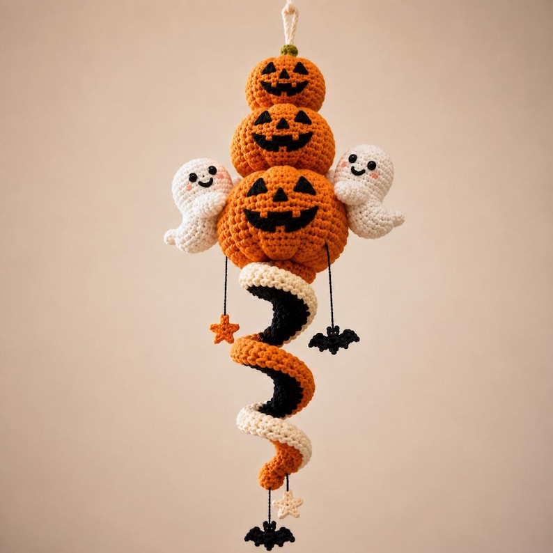 May include: A hanging crochet decoration featuring three stacked orange jack-o'-lanterns with black faces, flanked by two small white ghosts. A spiral tail in orange, black, and white extends downward, accented with small black bats and stars.